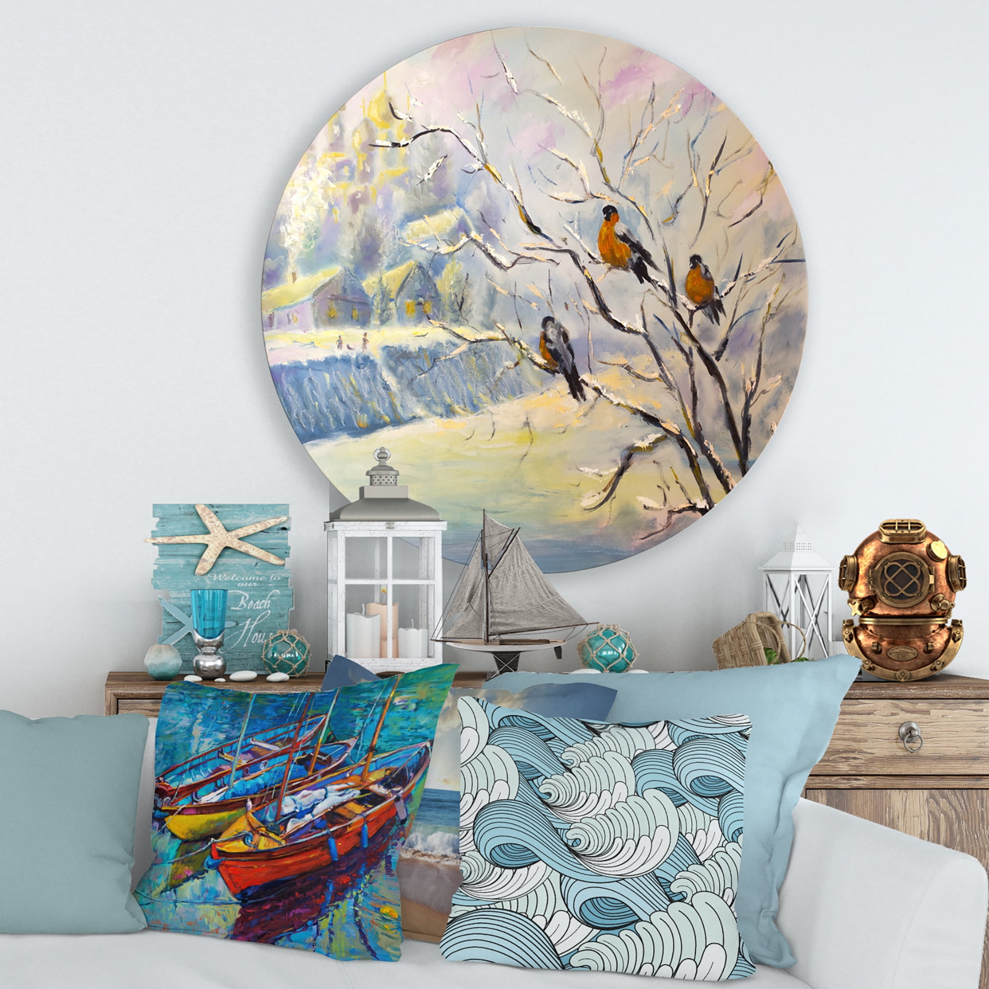 Designart 'Rustic Birds Sitting On A Tree In Winter Village' Farmhouse Circle Metal Wall Art 29x29 - Disc of 29