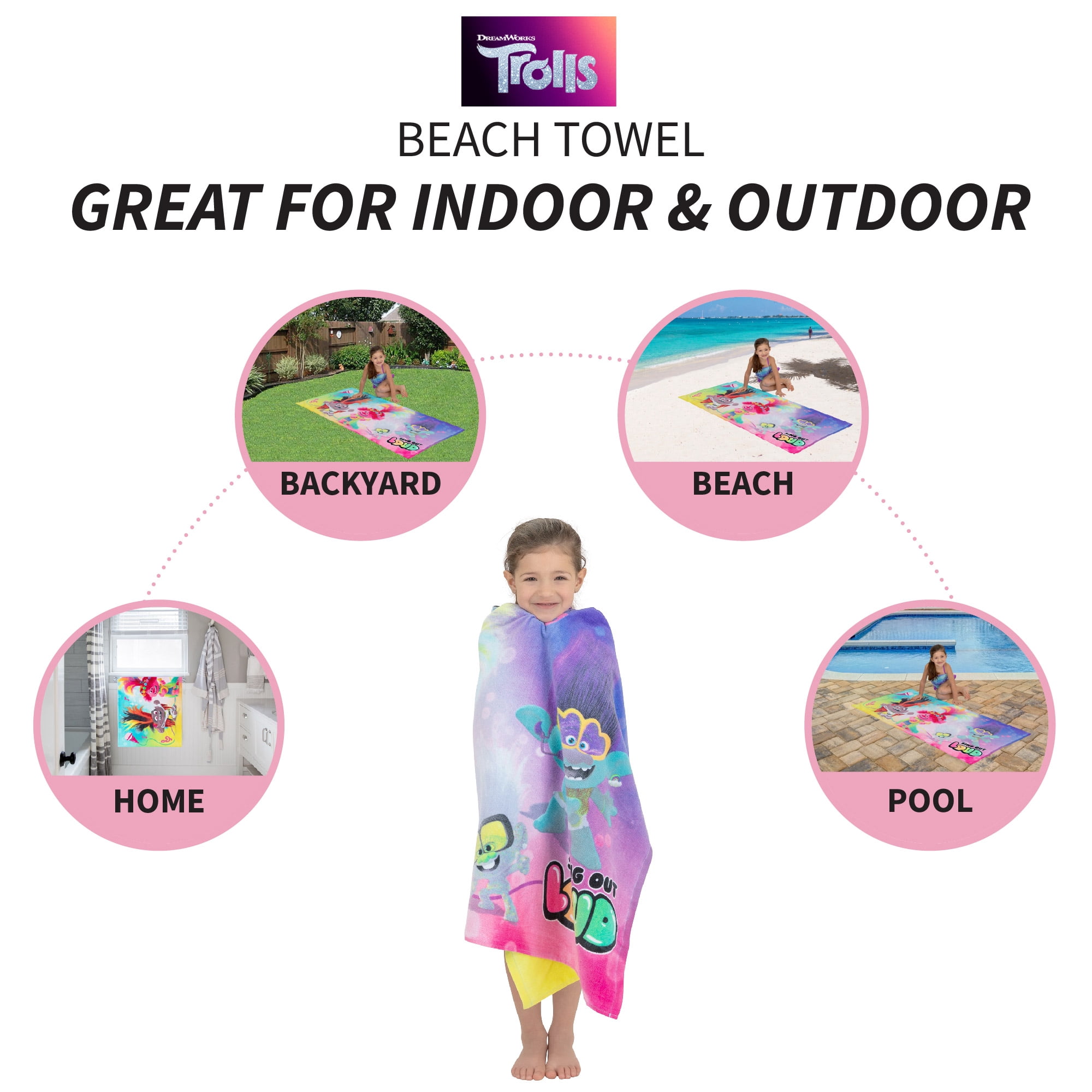 Trolls World Tour Kids Super Soft Cotton Beach and Bath Towel, 28" x 58" , Purple