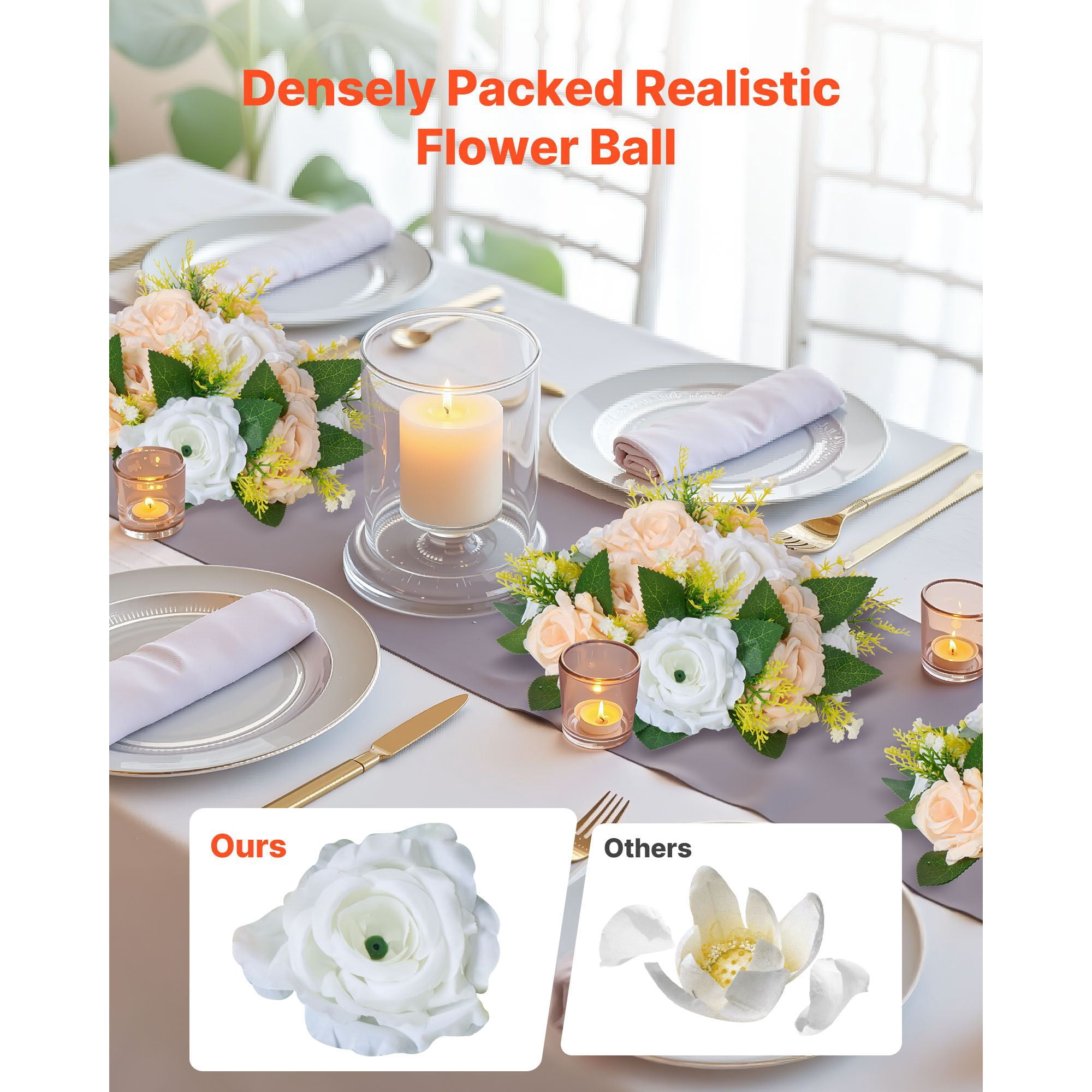 10-Pack Artificial Rose Flower Balls, 9.4" Diameter Half-Sphere, Silk Flowers with Stable Base, Fade-Resistant for Wedding Table Centerpieces