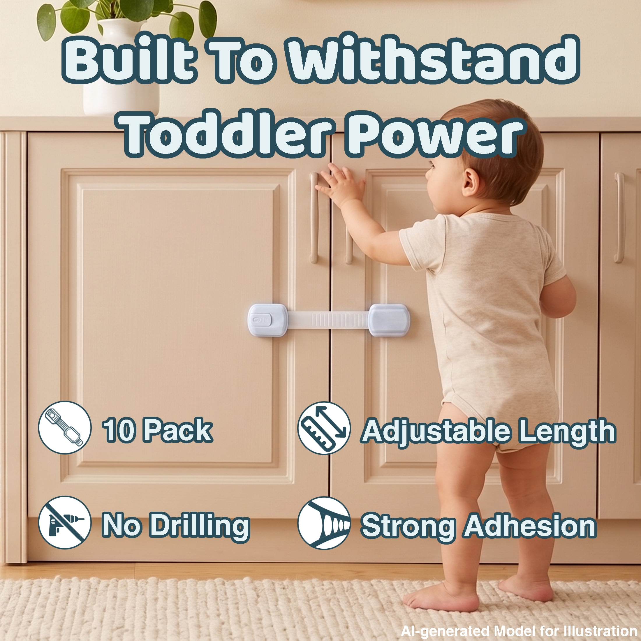 10 Pack Safety Locks, Adjustable Cabinet Locks, No‑Drill Drawer Locks, Multi‑Purpose Safety Straps, Household Home‑Safety Latches for Cabinets, Drawers, Refrigerator, Dishwasher