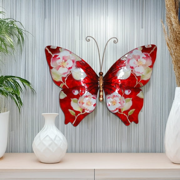 Eangee Home Design Butterfly Wall Decor Red With Flowers, Capiz and Metal, Indoor / Outdoor Safe, 18x1x13 Inches