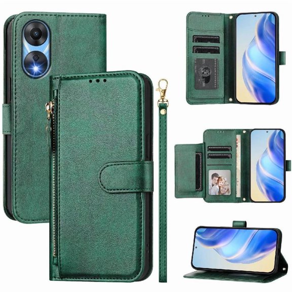 Filp Case for OPPO A58X 5G Zipper Pocket Magnetic Flip Wallet Phone Case with 7 Card Slots and Wrist Strap