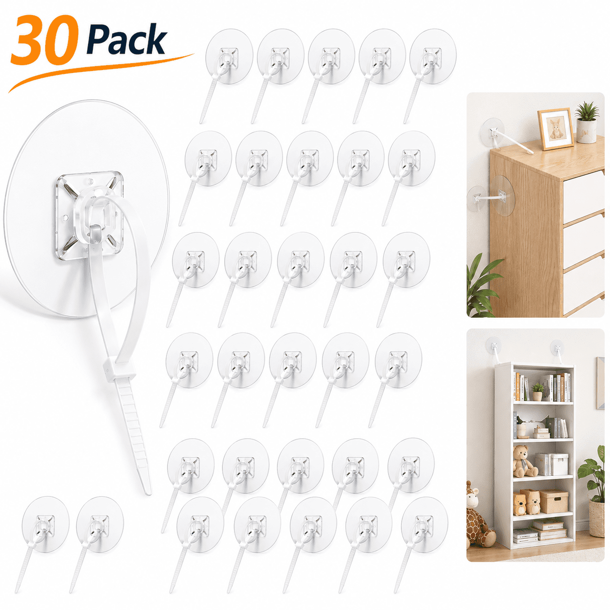 Furniture Anchors (30 Pack) No Drill Upgraded Furniture Straps for Baby Proofing, Self-Adhesive Secure 168 Pound Furniture Prevent Falling Anti Tip Earthquake Straps for Child Safety