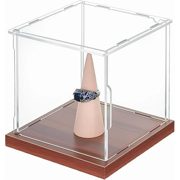 Championship Ring Display Box 4.6x4.6x4.6 Inch Acrylic Display Case Dustproof Display Boxes with Wood Stand Base