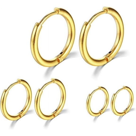 Nmkwnr 3 Pairs Small Hoop Earrings 316L Stainless Steel Hoop Earrings for Women Men, 8mm 10mm 12mm, Gold