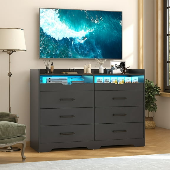 Frmobepts 6 Drawer Led Dresser for Bedroom, 47.2 Black Wood Dresser with Power Outlets, Dressers with Open Shelves, Hanging Rack, Chest of Drawers for Closet, Living Room