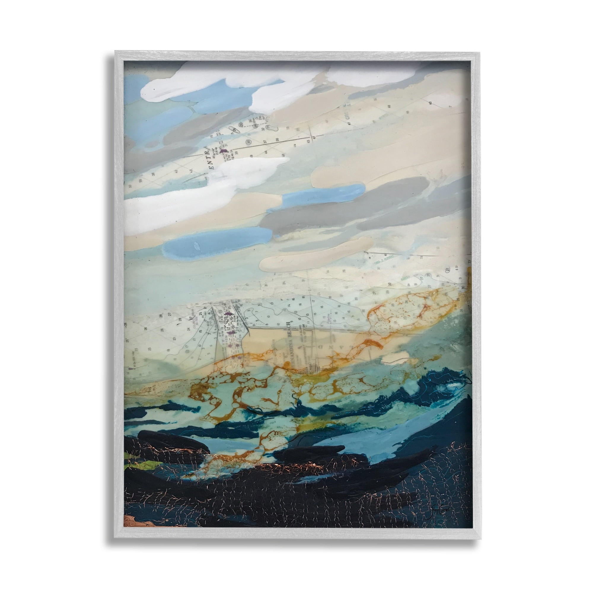 Stupell Industries Nautical Landscape Abstract Ocean Layered Map Collage Painting Gray Framed Art Print Wall Art, Design by Stacy Gresell