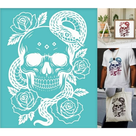 2 Sheets Silkscreen Stencil Skull with Snake Roses Printing Stencils Templates Reusable Self-Adhesive Silk Screen