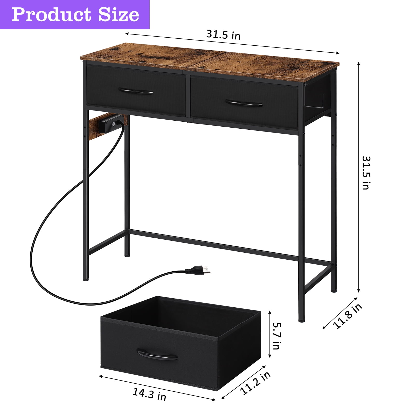 Industrial Console Table with Charging Station, 31.5 Inch Narrow Entryway Table with 2 Fabric Drawers, Side Hook & Adjustable Feet Brown
