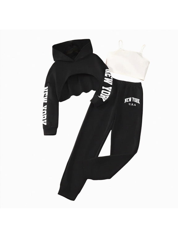 Girls Graphic 3 Piece Outfits Workout Crop Hoodie Ribbed Tank and Sweatpants Set (Black,9-10 Years)