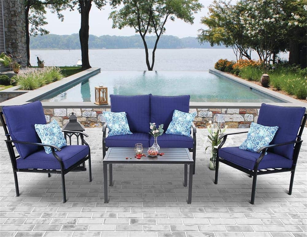 Mf Studio 4 Pc Outdoor Patio Furniture Padded Deep Seating Conversation Set With 1 Loveseat 2 Single Sofa Coffee Table Free Pillow Navy Blue Com - Deep Cushion Patio Furniture Sets