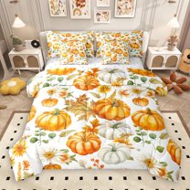 jejeloiu Autumn Harvest Pumpkin 7pcs Bedding Comforter Set,Hello Fall Queen Bedding Sets,Rustic Flower Floral Daisy Queen Sheet Sets For Men Women,Microfiber Bedroom Decor Reversible