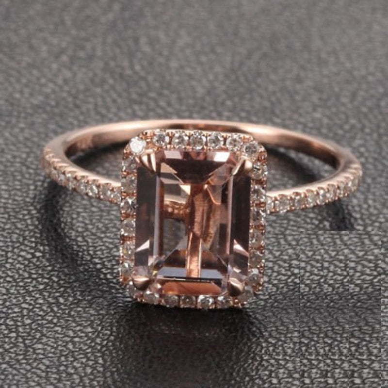 1.50 Carat Peach Pink Morganite (emerald cut Morganite) and Diamond Engagement Ring in 10k Rose Gold by JeenMata