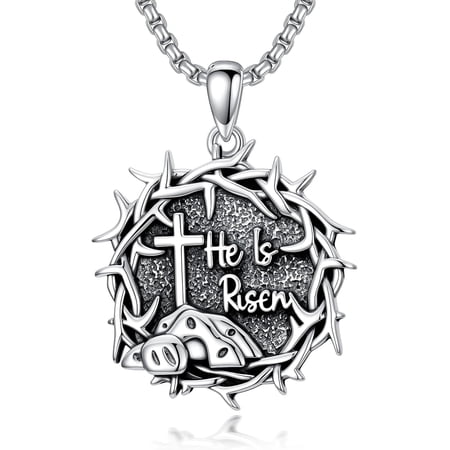 He is Risen Empty Tomb Necklace 925 Sterling Silver Cross Jesus Crown of Thorns Pendant Christian Religious Gifts for Men Women