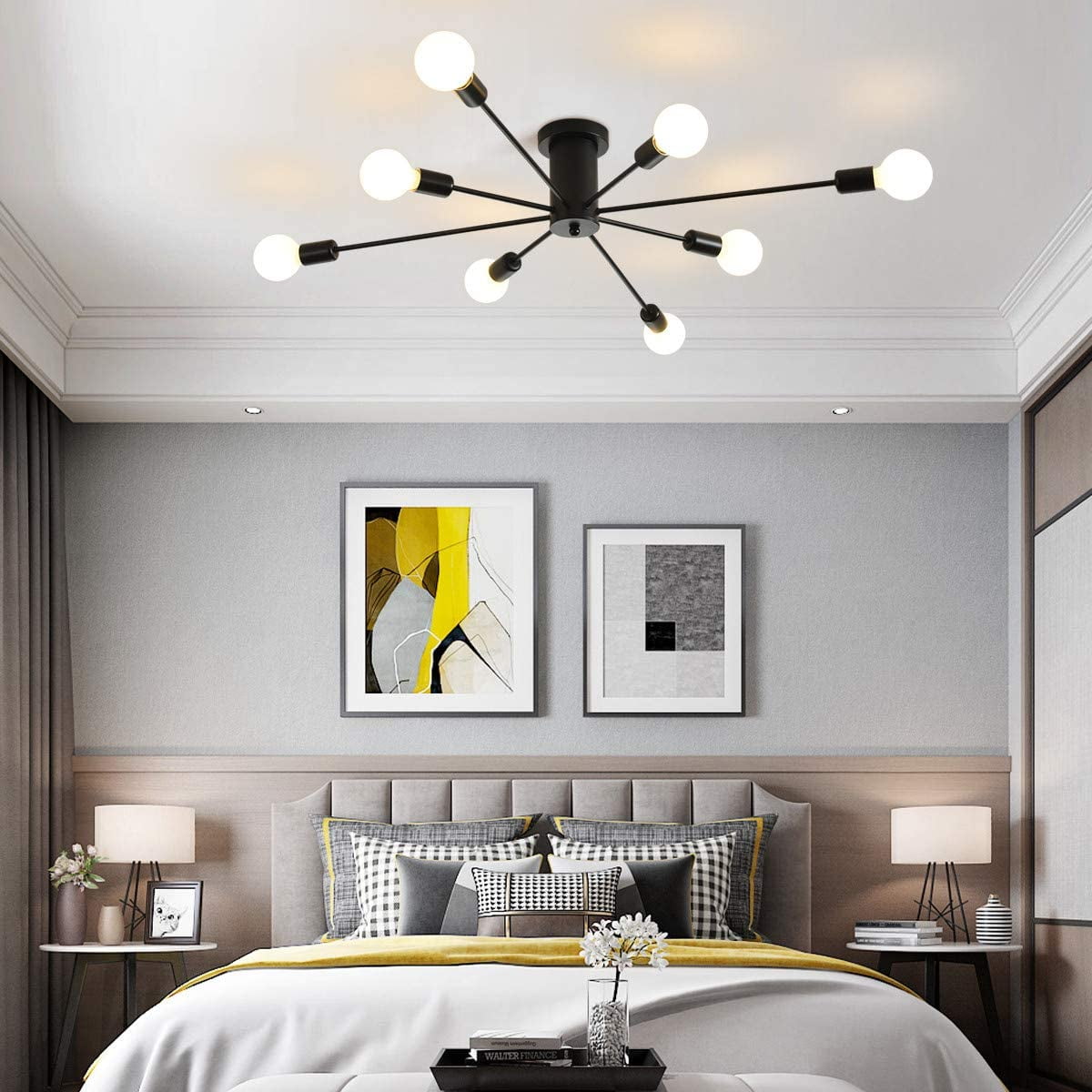 Garwarm Modern Sputnik Chandelier 8-Light Industrial Ceiling Lights Fixture 38" Black Semi Flush Mount Ceiling Light with E26 Base Sputnik Lights Fixture for Dining Room Bedroom