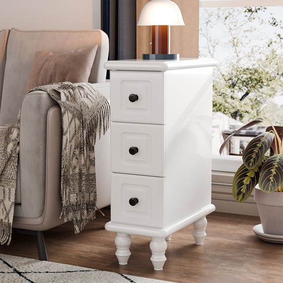 Solid Wood End Table, White Narrow Side Table with Drawers, Small Nightstand Skiny Beside Table for Small Space, Living Room, Bedroom, 8" Width
