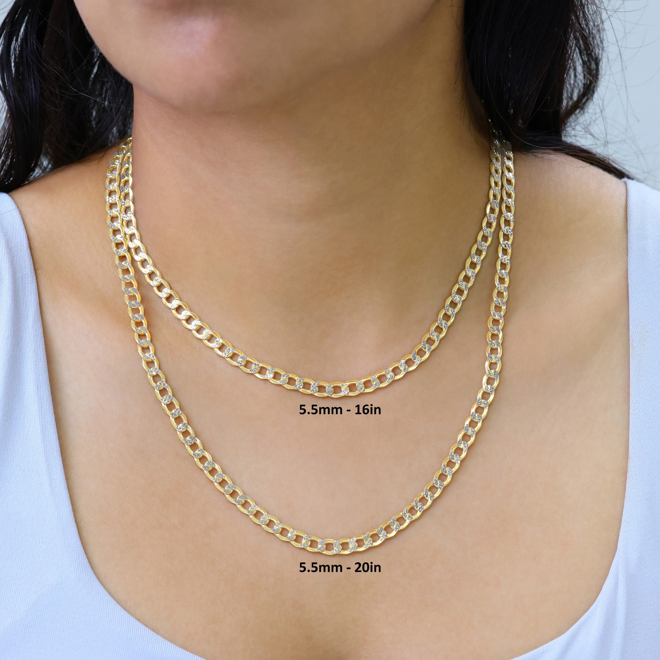 Nuragold 14k Real Yellow Gold Cuban Curb Link 5.5mm Diamond Cut Pave Chain Necklace (18"-26") Two Tone Italian Jewelry for Men
