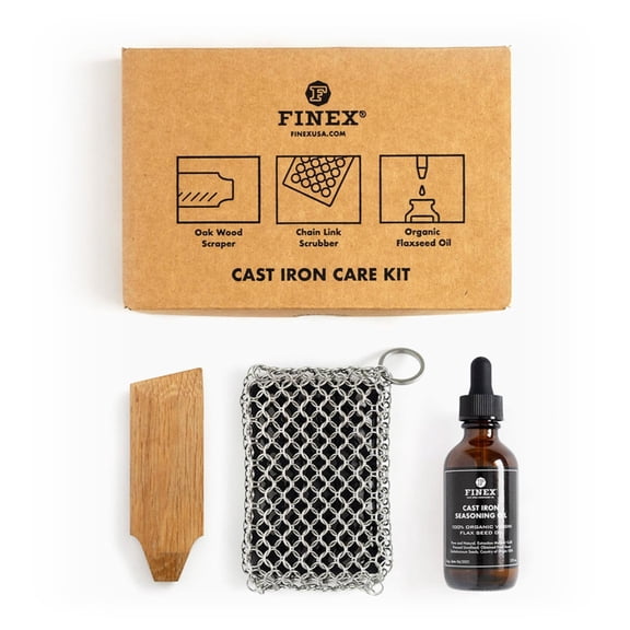 FINEX Cast Iron Care Kit - Cast Iron Cleaner - Maintain Cast Iron Cookware - Restores Vintage Pieces - With Organic Flaxseed Oil, Oak Wood Scraper & Cast Iron Chainmail Scrubber