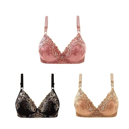 3PC Bras for Women V Plunge Embroidered Glossy Full Coverage Extra-Elastic Comfortable Underwear Push Up No Rims Bra Pink 38B