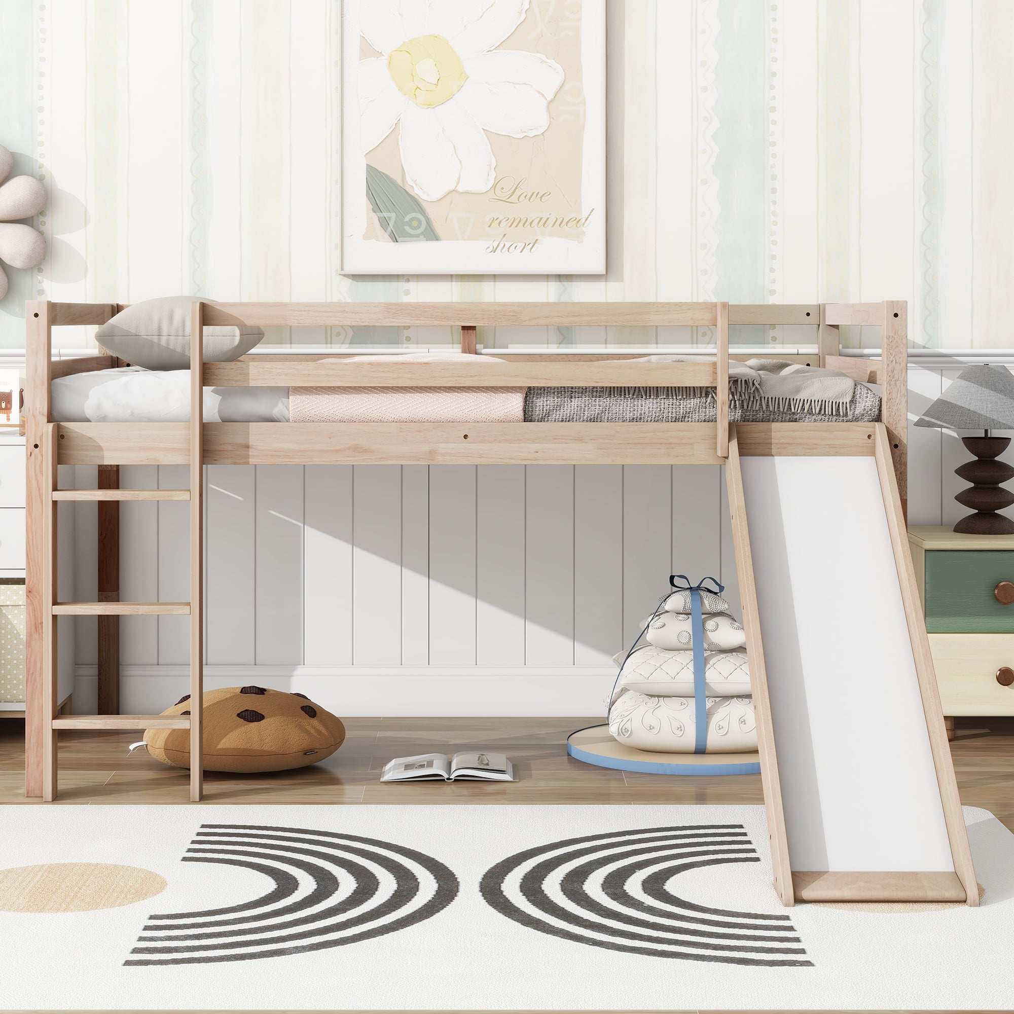 Miniyam Wood Twin Size Loft Bed with Slide, Ladder, Guardrails for Kids, Oak