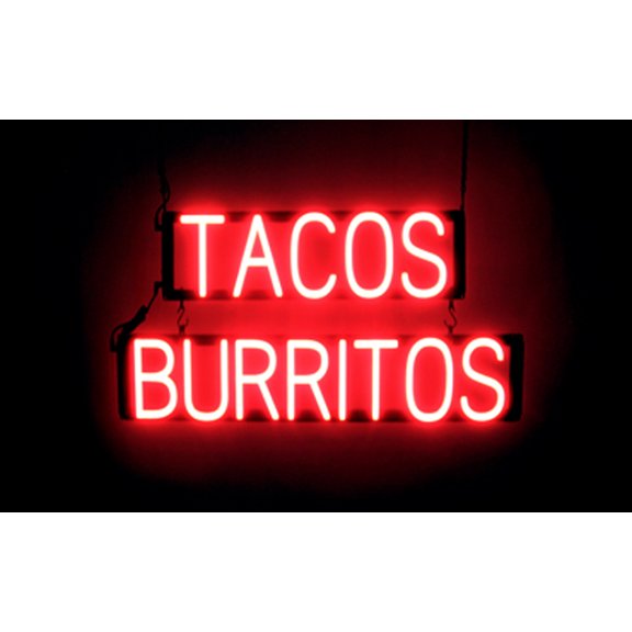 SpellBrite TACOS BURRITOS LED Sign for Business. 29.0" x 15.0" Red TACOS BURRITOS Sign Has Neon Sign Look With Energy Efficient LED Light Source. Visible from 500 Feet, 8 Animation Settings.