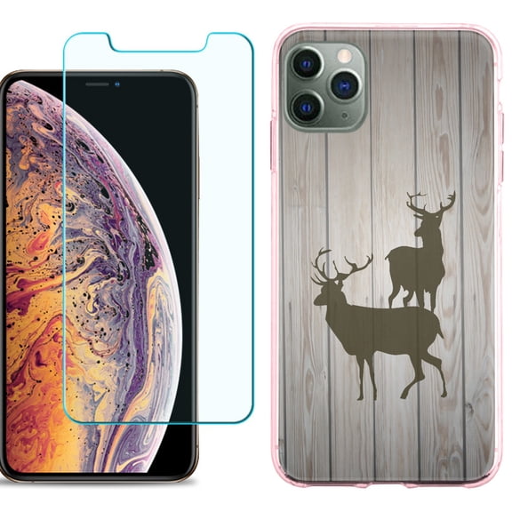 For Apple iPhone 11 Pro Max Case , Slim-Fit TPU Protective Phone Case (Pink Bezel) with Tempered Glass Screen Protector, by OneToughShield ® - Wood/Deer