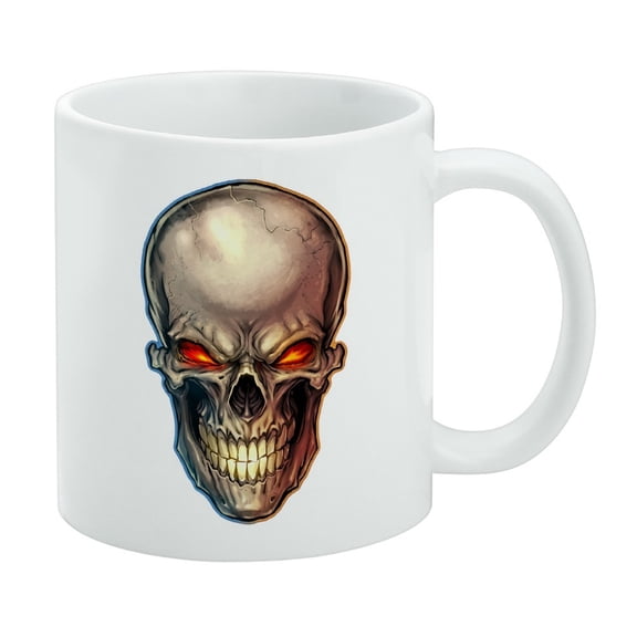 Skull Blue Red Flaming Glowing Eyes White Mug