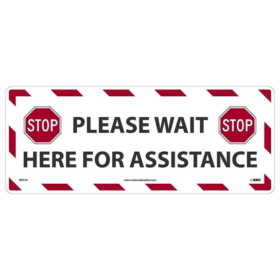 National Marker Walk-On Floor Decal "Please Wait Here for Assistance " 8" x 20" White/Red/Black