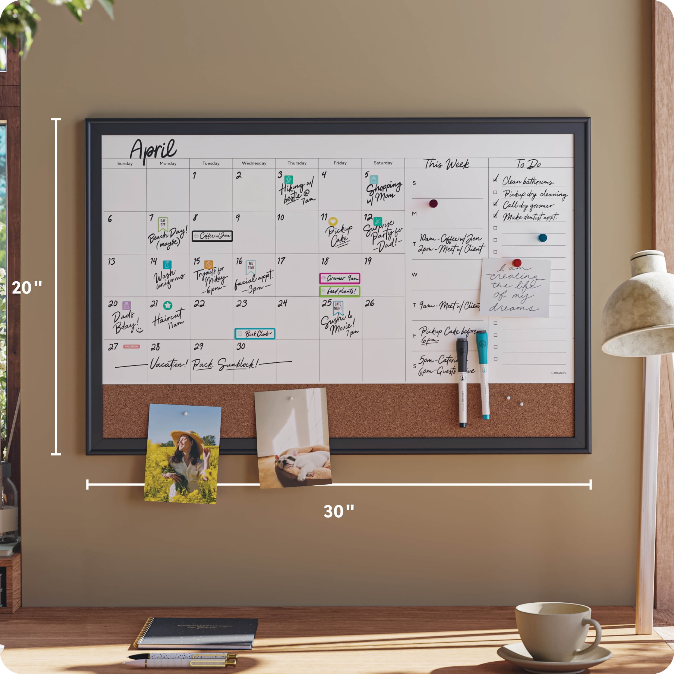 U Brands 30 x 20 in Magnetic Dry Erase Calendar Planner Board, Black Wood Style Frame