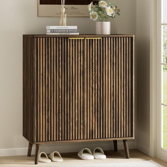 Fluted Shoe Cabinet with Doors,5-Tier Freestanding Shoe Storage Cabinet with Adjustable Shelves, Wooden Shoe Rack Organizer with Solid Legs for Entryway,Hallway,Walnut