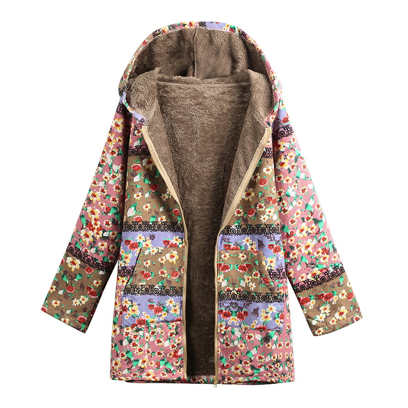 Women Plus Size Vintage Coat Winter Warm Zip Up Hooded Parka Oversized Outerwear 