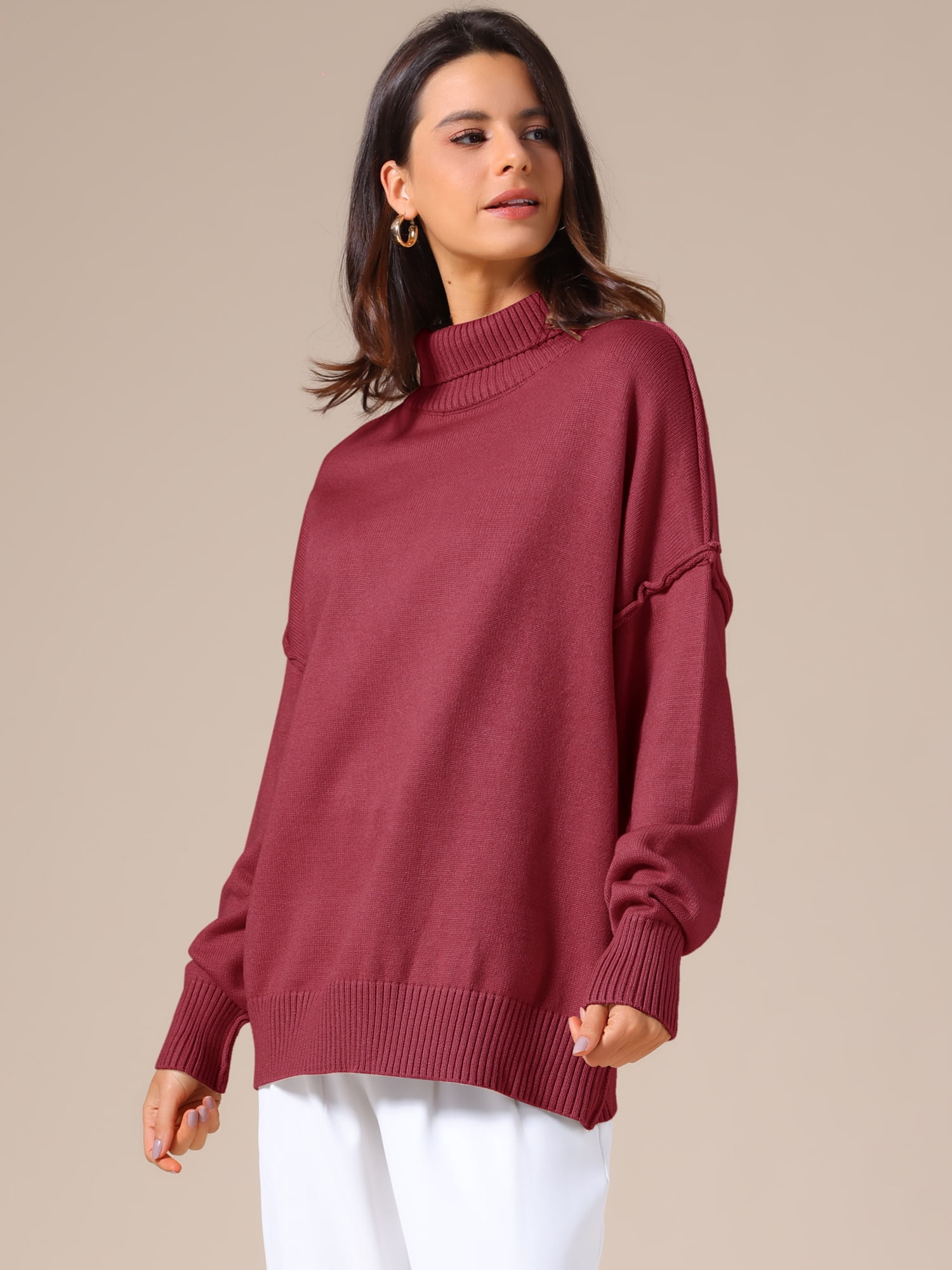 DARING DIVA Women's Oversized Mock Neck Long Sleeve Pullover Sweater 2XL Wine Red