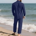 thumbnail image 6 of GrmtClth Mens Linen 2 Piece Beach Outfit Sets Cuban Collar Long Sleeve Button Front Shirt Relax Fit Drawstring Waist Trousers Multi Color Lightweight Travel Wear Navy 2XL, 6 of 7