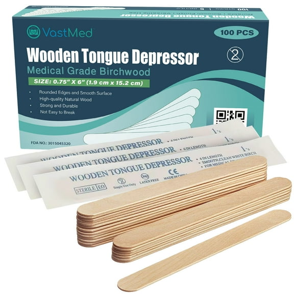 100PCs Wooden Tongue Depressors, Sterile, 6" by VASTMED | Individually Wrapped