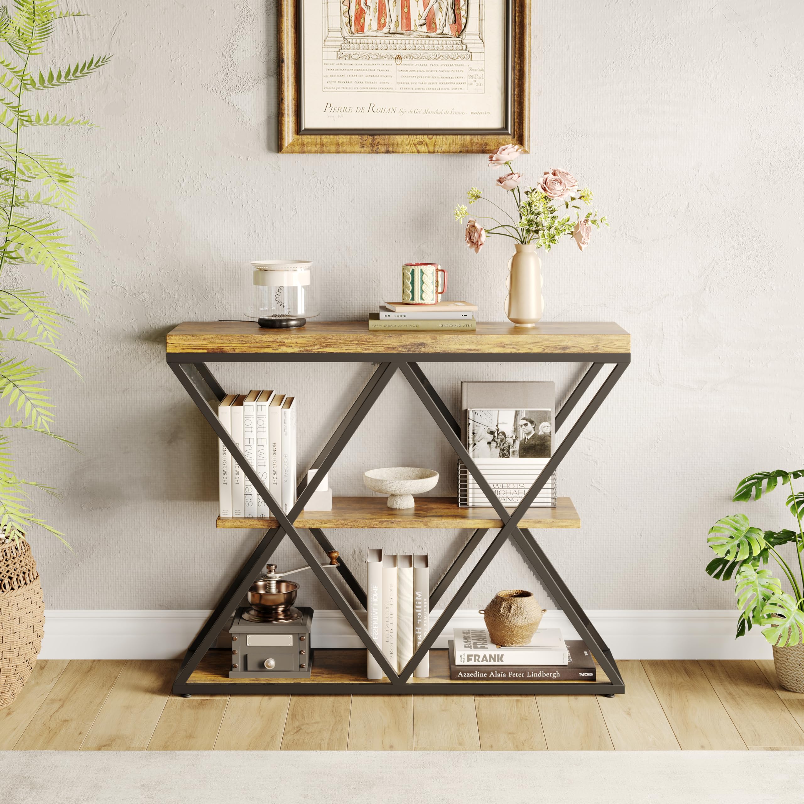 3-Tier Industrial Entryway Console Table - X-Shaped Metal Frame & Open Storage Shelves, Ideal Hallway Accent Table