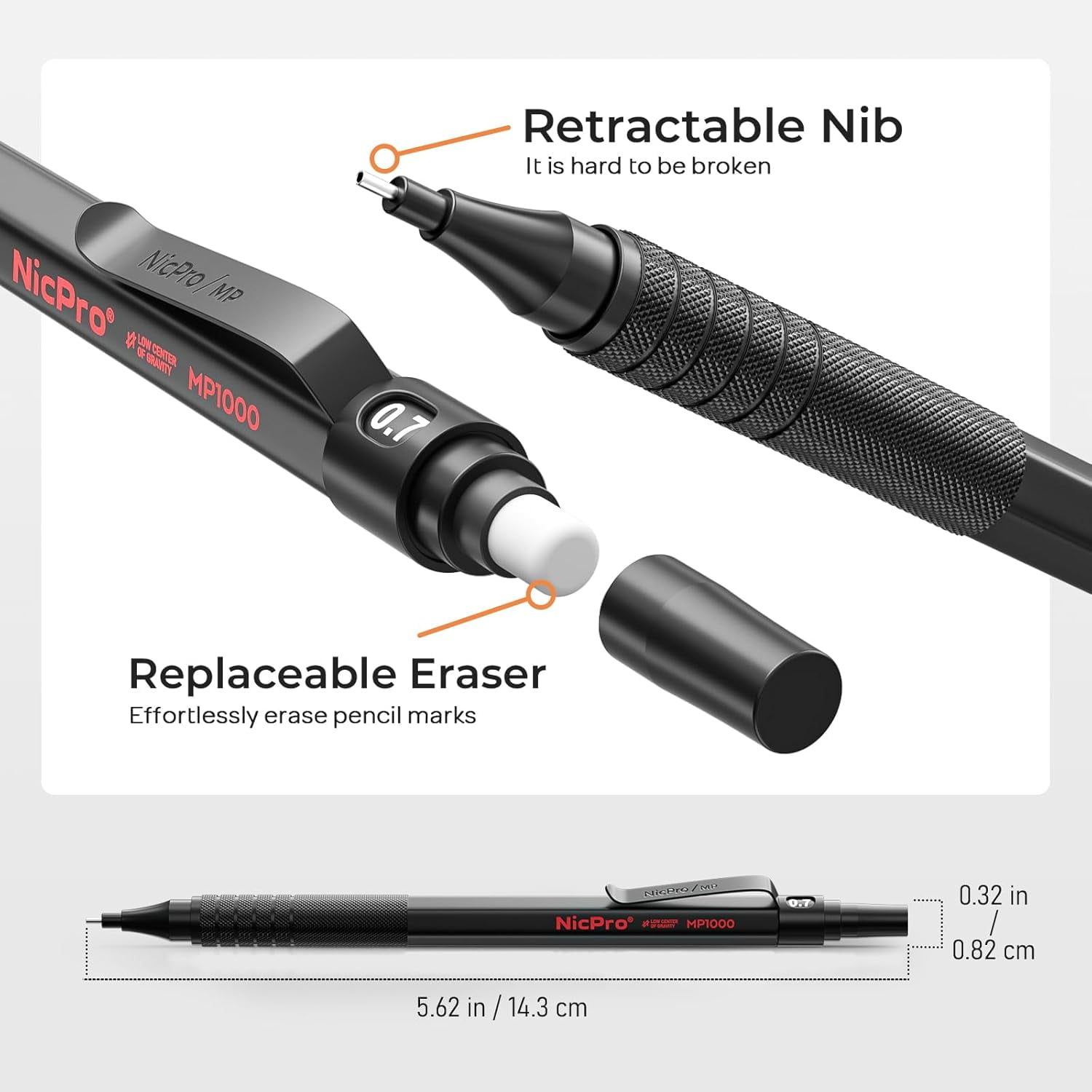 Nicpro 5 Pcs Black Metal Mechanical Pencil Set in Leather Case, 0.3, 0.5, 0.7, 0.9 mm & 2mm Lead Pencil Holders, 9 Tube (4B 2B HB 2H) Lead Refills, Erasers for Art Drafting Sketching Drawing