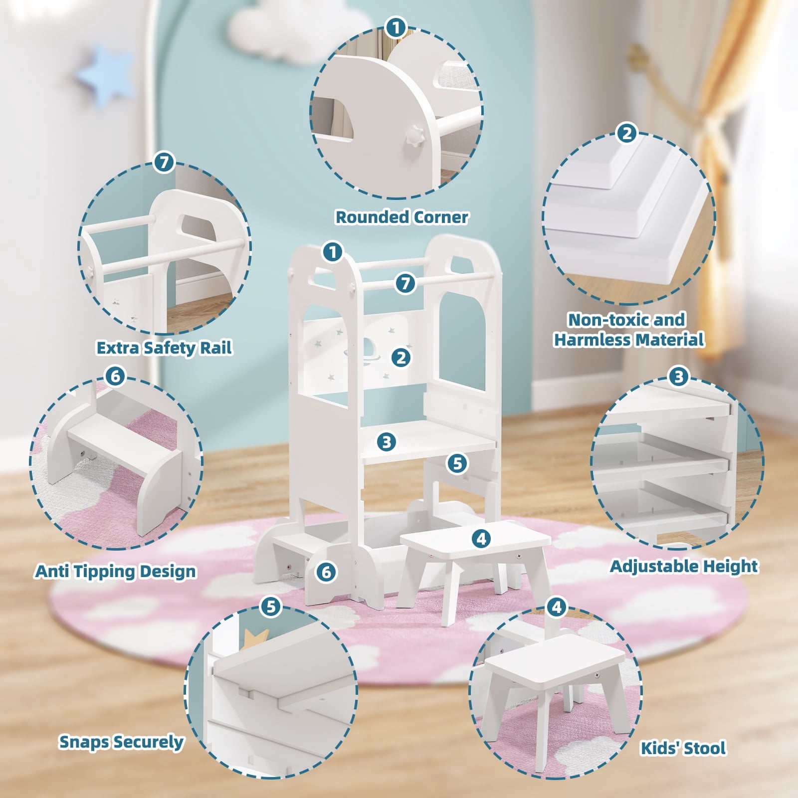 Yoneston Toddler Tower with Stool, Sky Pattern Designed Toddler Kitchen Kids Step Stool Helper with Safety Protection, White