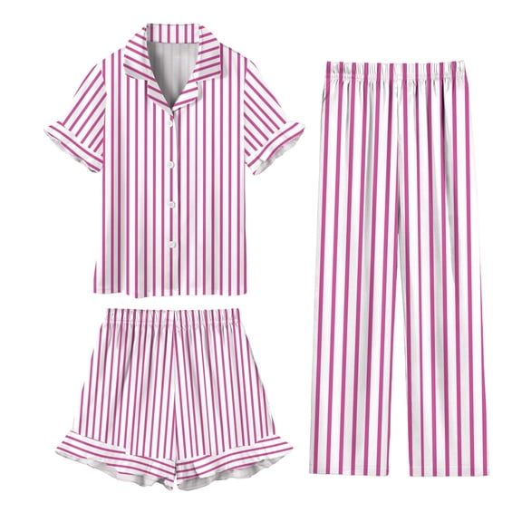 OGLCCG Girls 3 Piece Pajama Sets Button Down Short Sleeve Top Shorts & Long Pants Striped Sleepwear Lounge Sets Nighty For Teens 5-14 Years