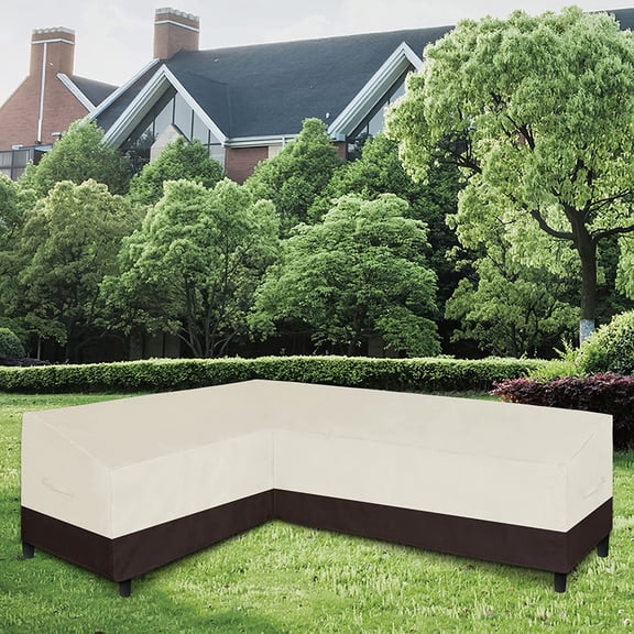 L-Shaped Sectional Sofa Cover, Waterproof Outdoor Sectional Cover, Heavy Duty Garden Furniture Cover with Air Vent (Left Facing, Beige/Dark Brown)
