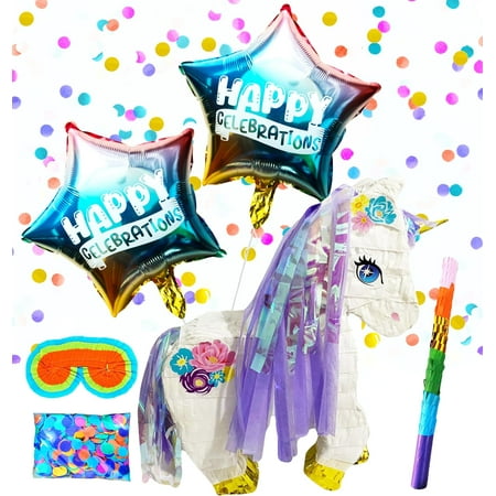 Unicorn Pinatas Party Set with Buster Stick Blindfold Confetti and Happy Celebration Balloons – Perfect for Magical Birthdays and Celebrations Unicorn Pinatas Party Set with Buster Stick Blindfold Confetti and Happy Celebration Balloons – Perfect for Magical Birthdays and Celebrations