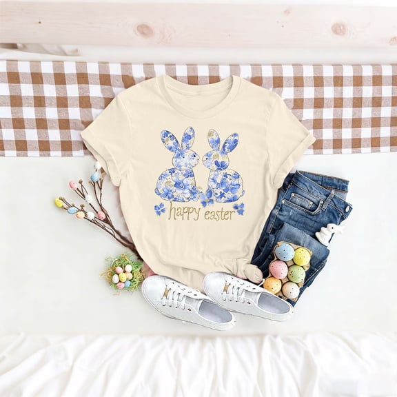 Easter Shirt for Women Floral Pattern Twin Bunnies Graphic Tee Short Sleeve Crewneck Casual Fit Festival Apparel Spring Holiday Gift For Her