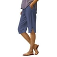 thumbnail image 2 of Bermuda Shorts for Women Linen Capri Pants Knee Length Drawstring Cropped Pants Summer Beach Vacation Long Shorts Royal Blue M, 2 of 6