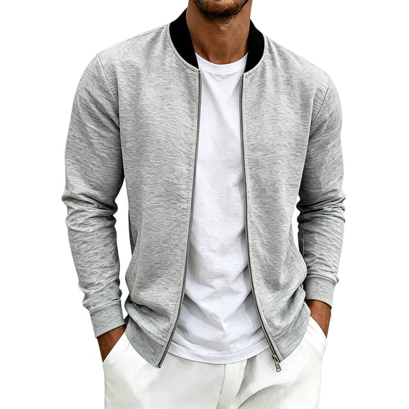 Dxzfnsa Mens Zip Up Coats Loose Solid Color Round Neck Sweatshirt Coats Men's Lightweight Long Sleeve Jackets with Pockets