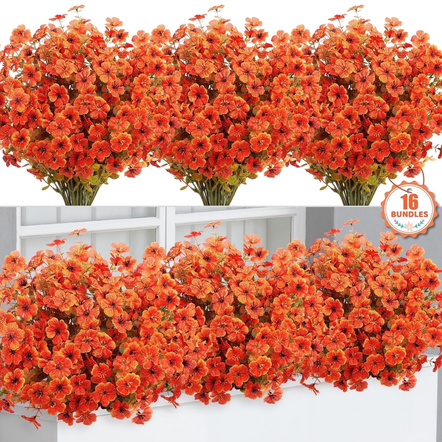 Scidweet Fall Artificial Flowers for Outdoors, 16 Bundles Autumn Faux Fake Flowers Fall Decorations for Home Garden, Orange