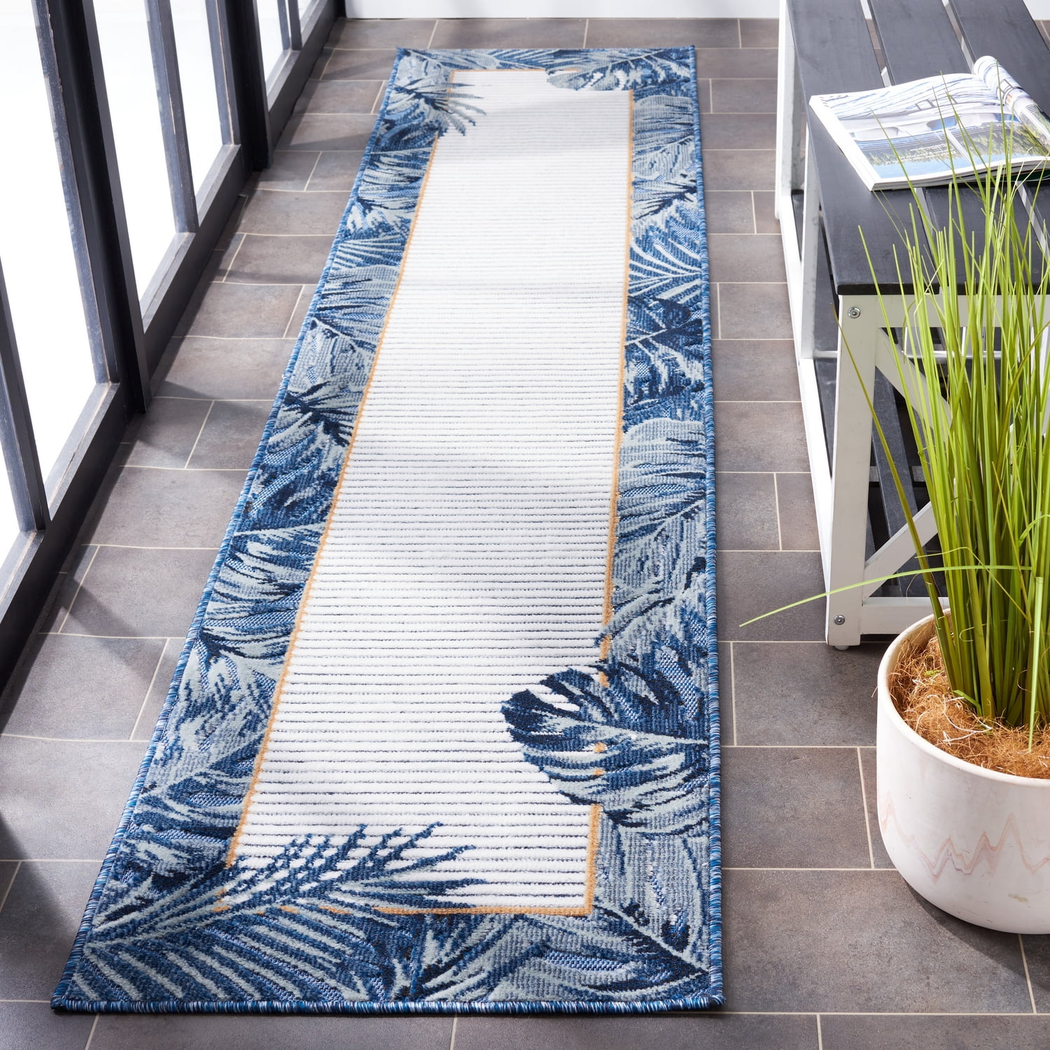 SAFAVIEH Cabana Elvina Botanical Indoor/Outdoor Runner Rug, Ivory/Navy, 2' x 10'