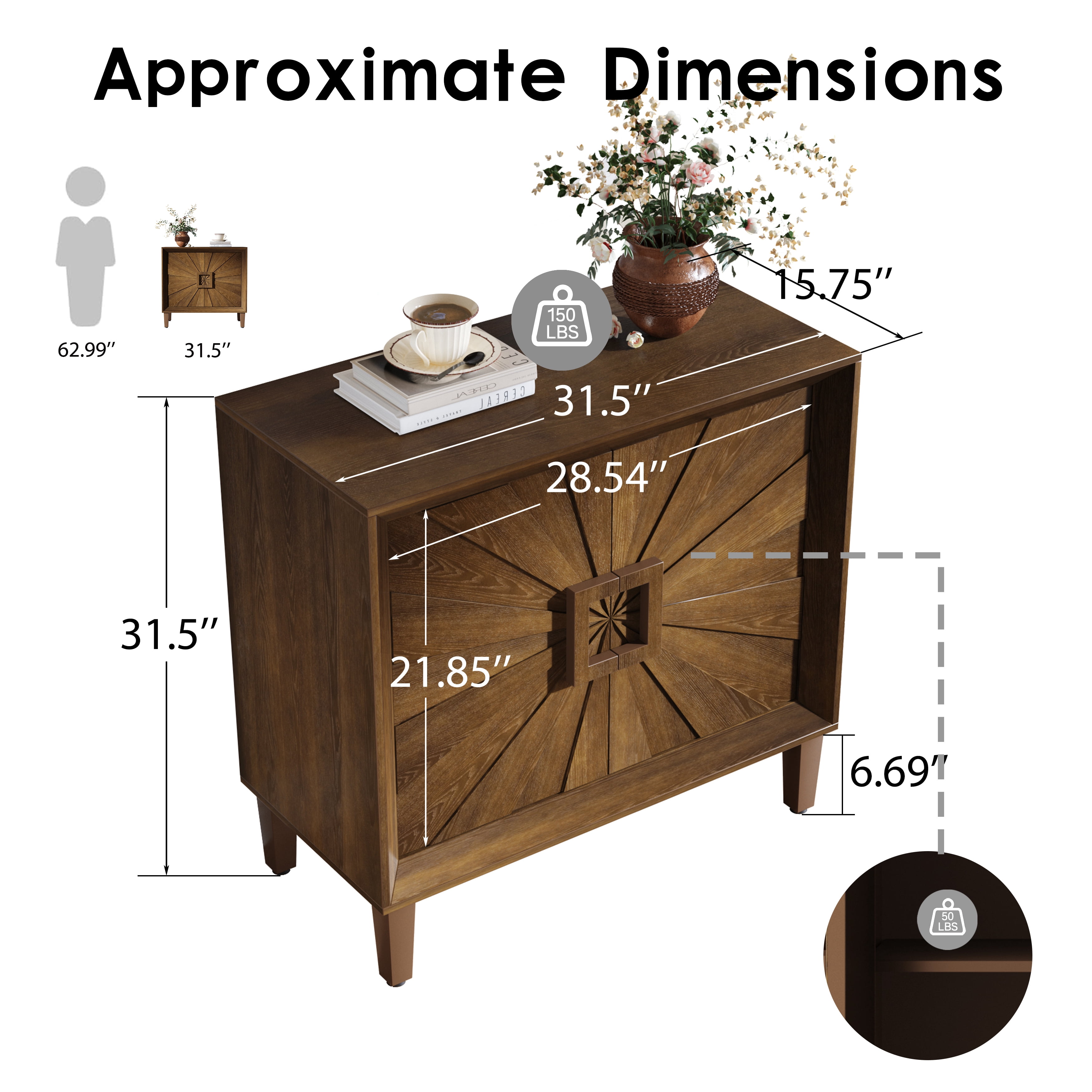 31.5" Modular Credenza Sideboard Buffet, Small Space Cabinet with Symmetrical Sunburst Doors, Accent Cabinet with Adjustable Shelves for Dining Room, Entryway & Hallway