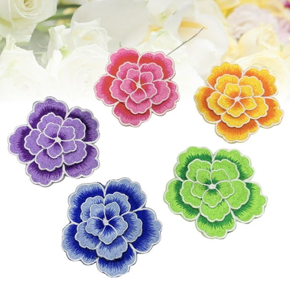GOOHOCHY 5pcs Embroidery Applique Adhesive Patches DIY Peony Flower Sticker for Jackets Jeans Bags Clothing Arts Crafts Decoration Denim Piece