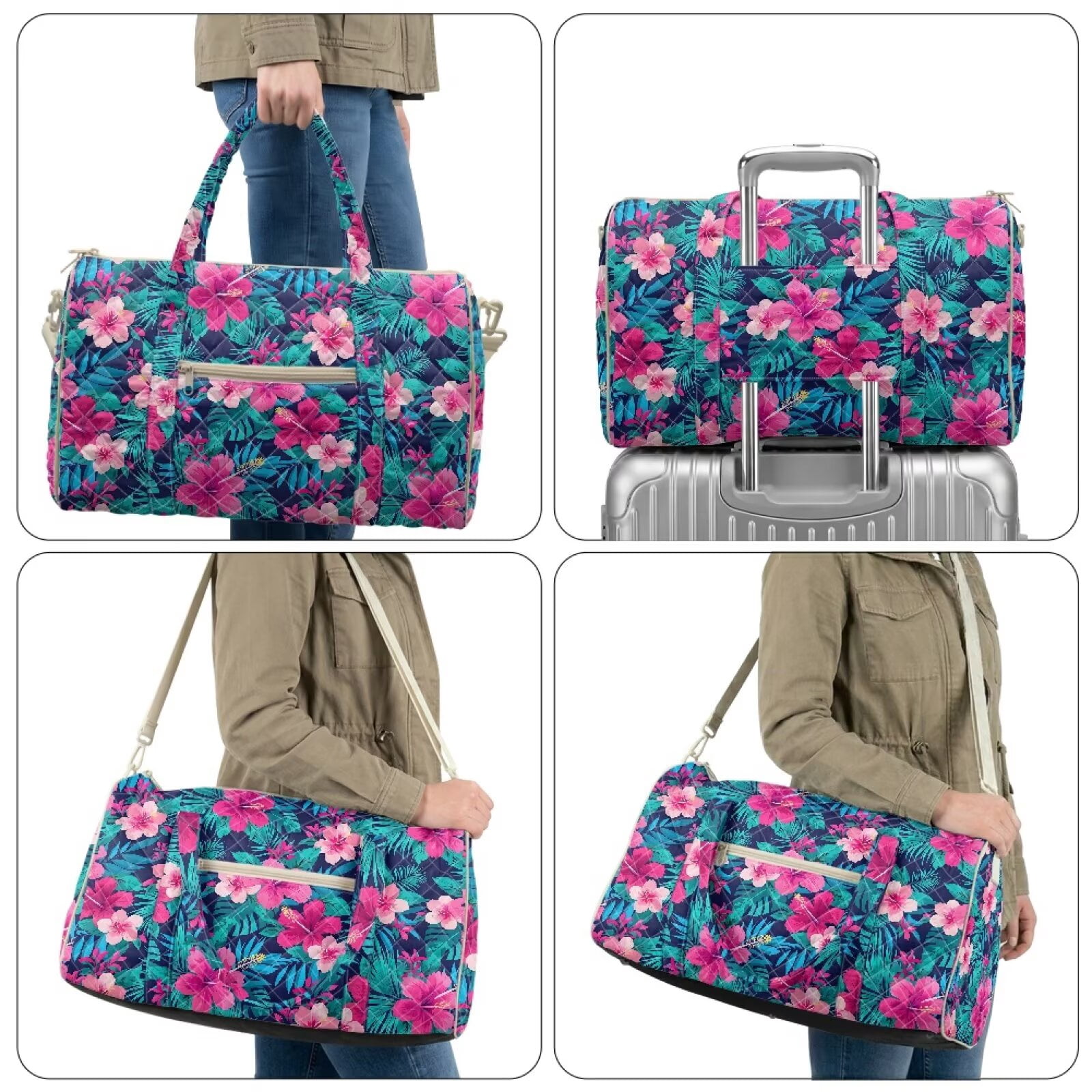 Pzuqiu Tropical Floral Quilted Weekender Bag for Women Large Capacity Lightweight Travel Duffel Carry On Tote for Gym, Overnight Trips Luggage Bags Portable Travel Bags