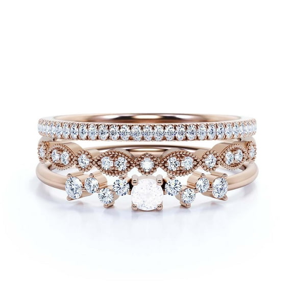Anniversary Gift Minimalist 1.65 Carat Round Diamond Moissanite Engagement Ring, ZigZag Style Wedding Band in 925 Sterling Silver With 18k Rose Gold Plating Gift For Woman Trio Set, Matching Band