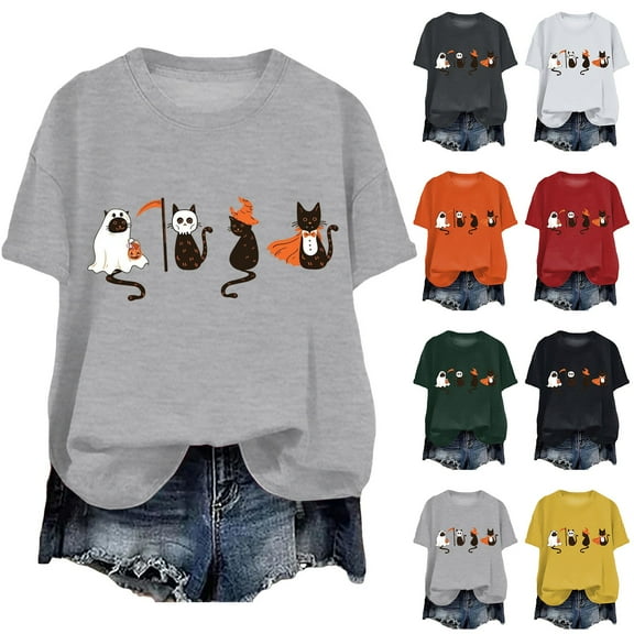 zaveiop Women's Halloween Graphic T-Shirt with Adorable Cat & Ghost Prints Short Sleeve Casual Tees for Festival (Red, M)